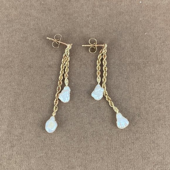 Vintage 14K Gold 1.5 MM Rope Chain Earrings 2 Strands with 3x4MM Rice Pearls - Picture 5 of 6
